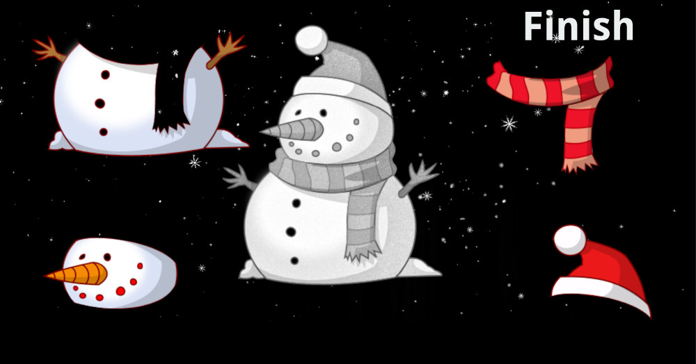 Snowman with red and pink scarf red santa hat big carrot nose and snow falling in the background